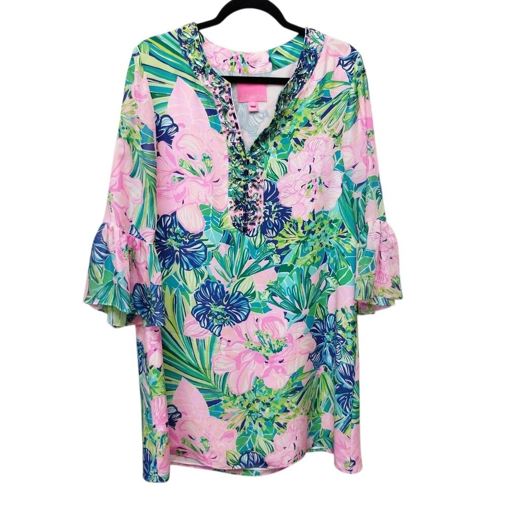 Lilly Pulitzer Womens Elenora Silk Dress Large Multi Island Escape Print Preppy